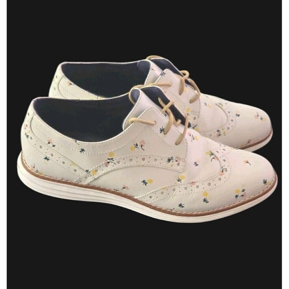 Cole Haan Leather Oxfords Grand White Wingtip Floral Print Size 6B